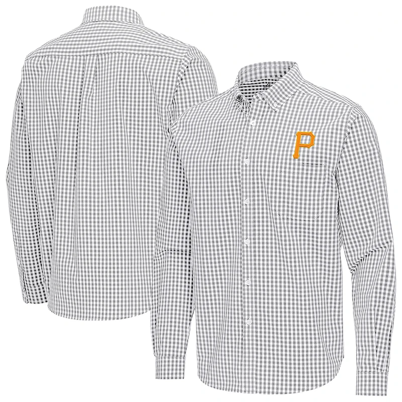 Men's Antigua Gray Pittsburgh Pirates Ellis Woven Tri-Blend Button-Down Shirt