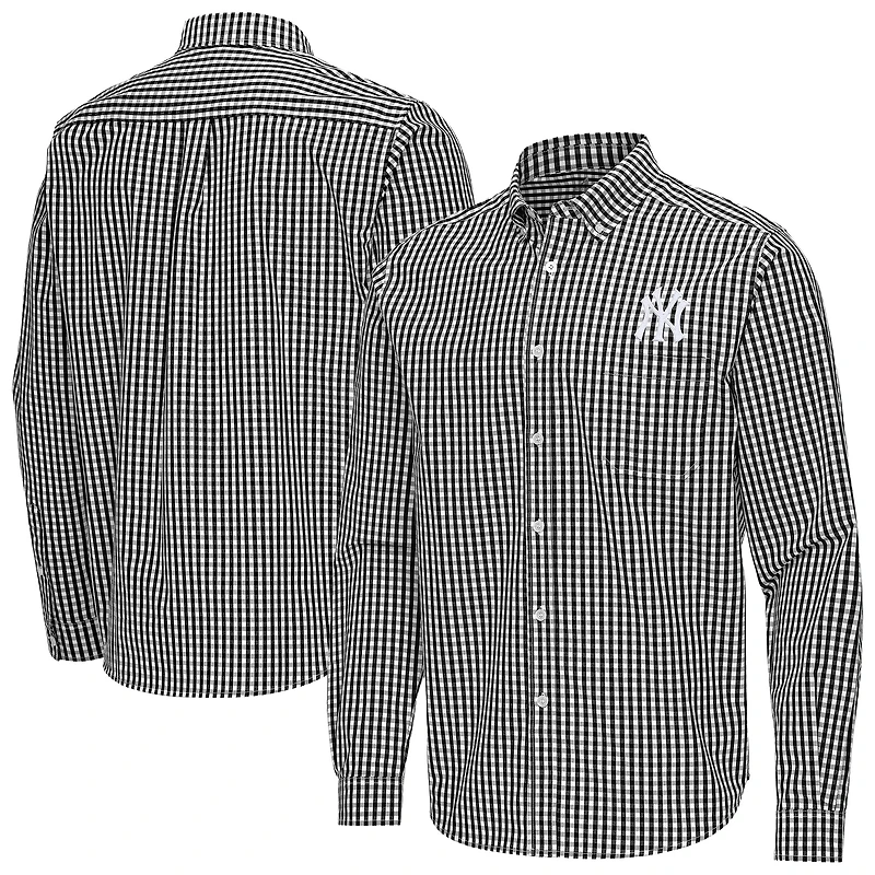 Men's Antigua Black New York Yankees Ellis Woven Tri-Blend Button-Down Shirt