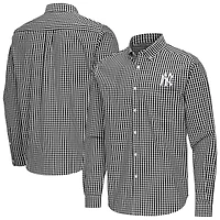 Men's Antigua Black New York Yankees Ellis Woven Tri-Blend Button-Down Shirt