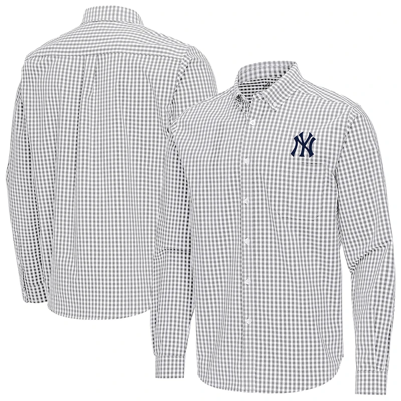 Men's Antigua Gray New York Yankees Ellis Woven Tri-Blend Button-Down Shirt