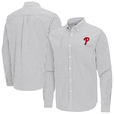 Men's Antigua Gray Philadelphia Phillies Ellis Woven Tri-Blend Button-Down Shirt