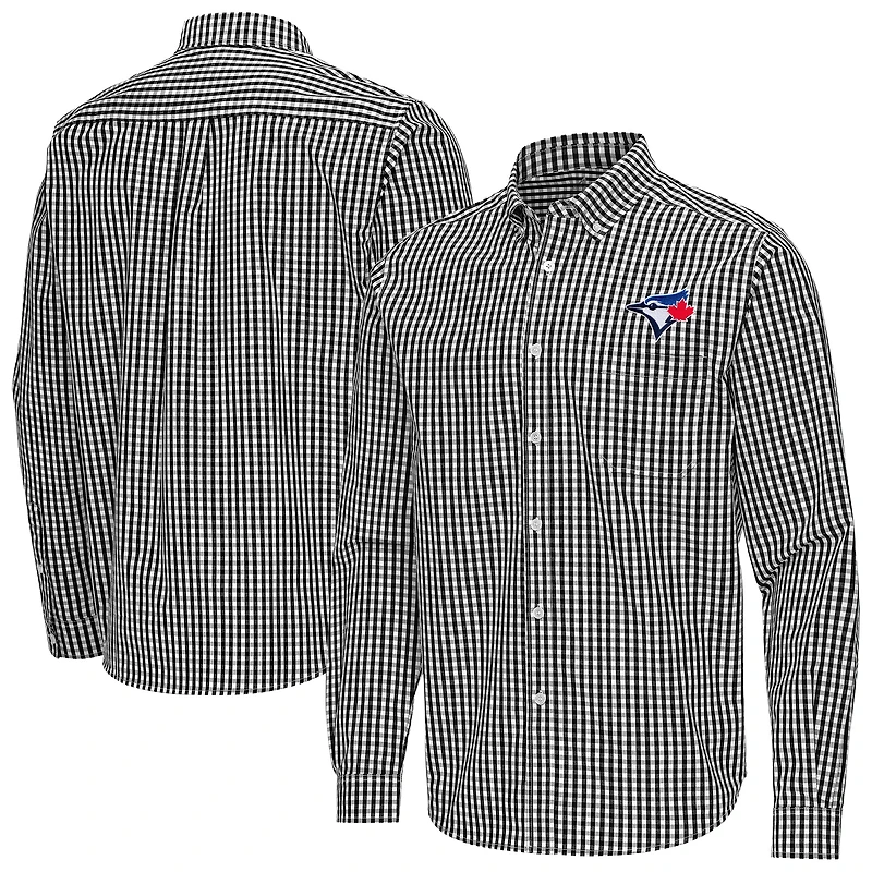Men's Antigua Black Toronto Blue Jays Ellis Woven Tri-Blend Button-Down Shirt