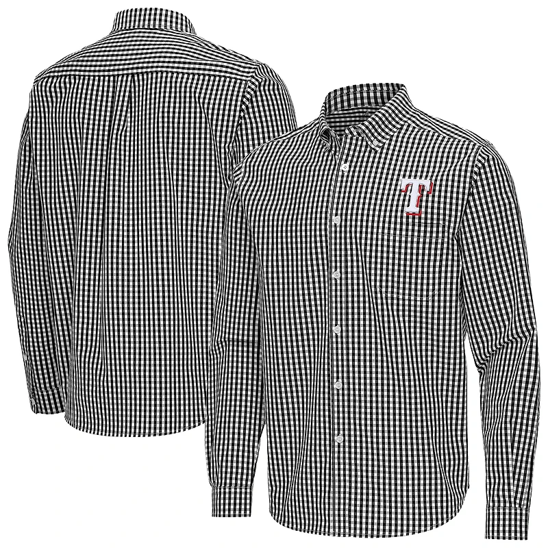 Men's Antigua Black Texas Rangers Ellis Woven Tri-Blend Button-Down Shirt