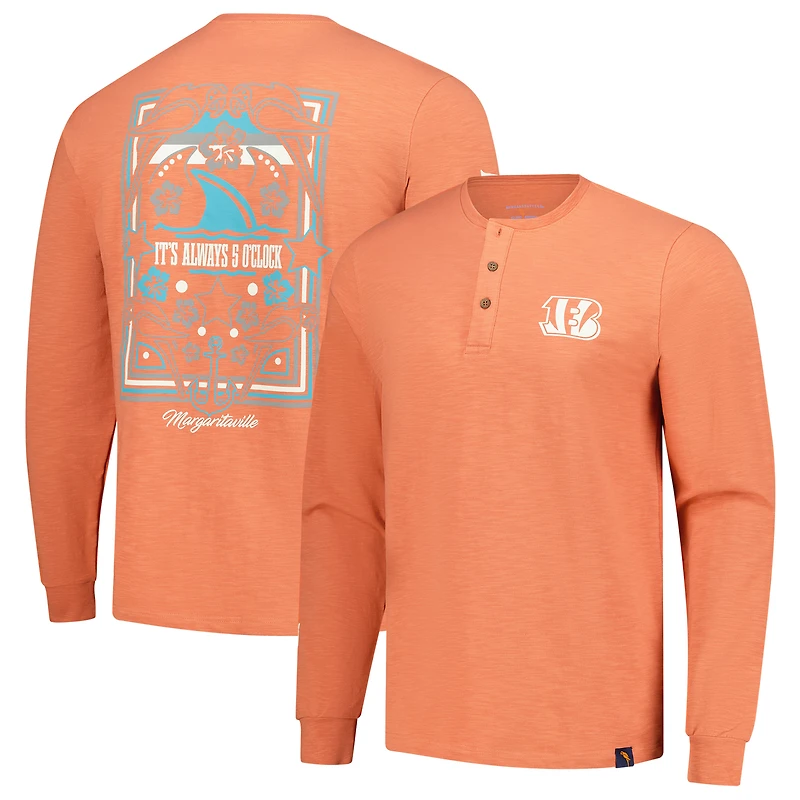 Men's Margaritaville Coral Cincinnati Bengals Five O'Clock Henley Long Sleeve T-Shirt