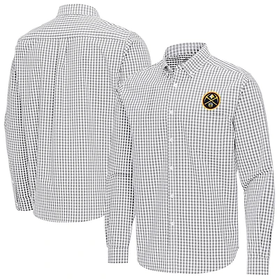 Men's Antigua Gray Denver Nuggets Ellis Woven Tri-Blend Button-Down Shirt