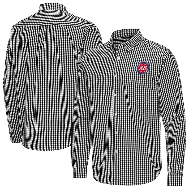 Men's Antigua Black Detroit Pistons Ellis Woven Tri-Blend Button-Down Shirt