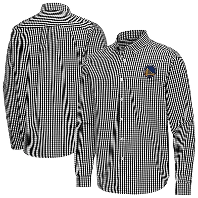 Men's Antigua Black Golden State Warriors Ellis Woven Tri-Blend Button-Down Shirt