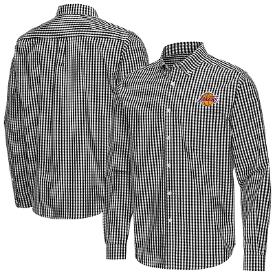 Men's Antigua Black Los Angeles Lakers Ellis Woven Tri-Blend Button-Down Shirt