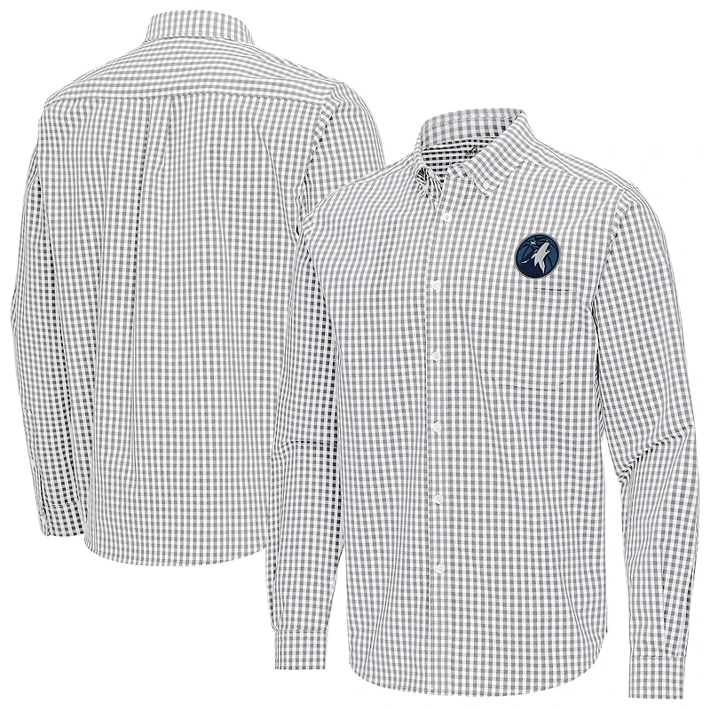 Men's Antigua Gray Minnesota Timberwolves Ellis Woven Tri-Blend Button-Down Shirt
