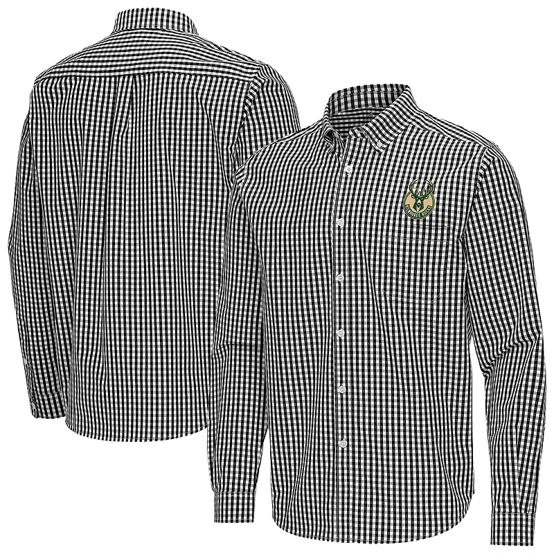 Men's Antigua Black Milwaukee Bucks Ellis Woven Tri-Blend Button-Down Shirt