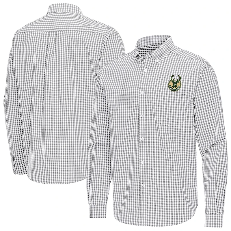 Men's Antigua Gray Milwaukee Bucks Ellis Woven Tri-Blend Button-Down Shirt