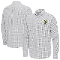 Men's Antigua Gray Milwaukee Bucks Ellis Woven Tri-Blend Button-Down Shirt