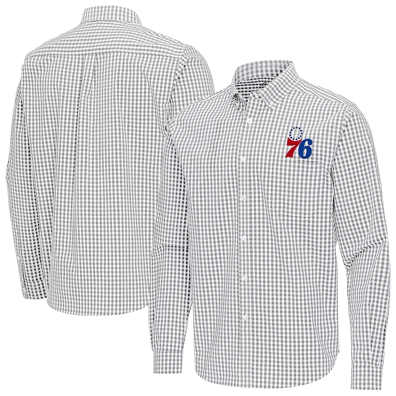 Men's Antigua Gray Philadelphia 76ers Ellis Woven Tri-Blend Button-Down Shirt