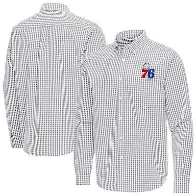Men's Antigua Gray Philadelphia 76ers Ellis Woven Tri-Blend Button-Down Shirt