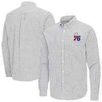 Men's Antigua Gray Philadelphia 76ers Ellis Woven Tri-Blend Button-Down Shirt