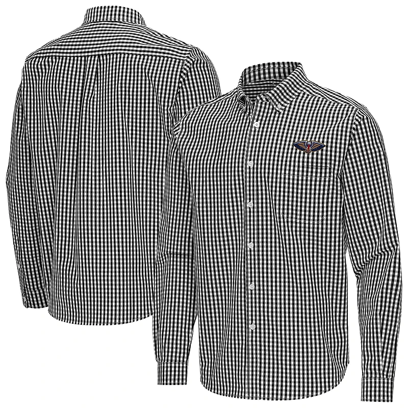 Men's Antigua Black New Orleans Pelicans Ellis Woven Tri-Blend Button-Down Shirt