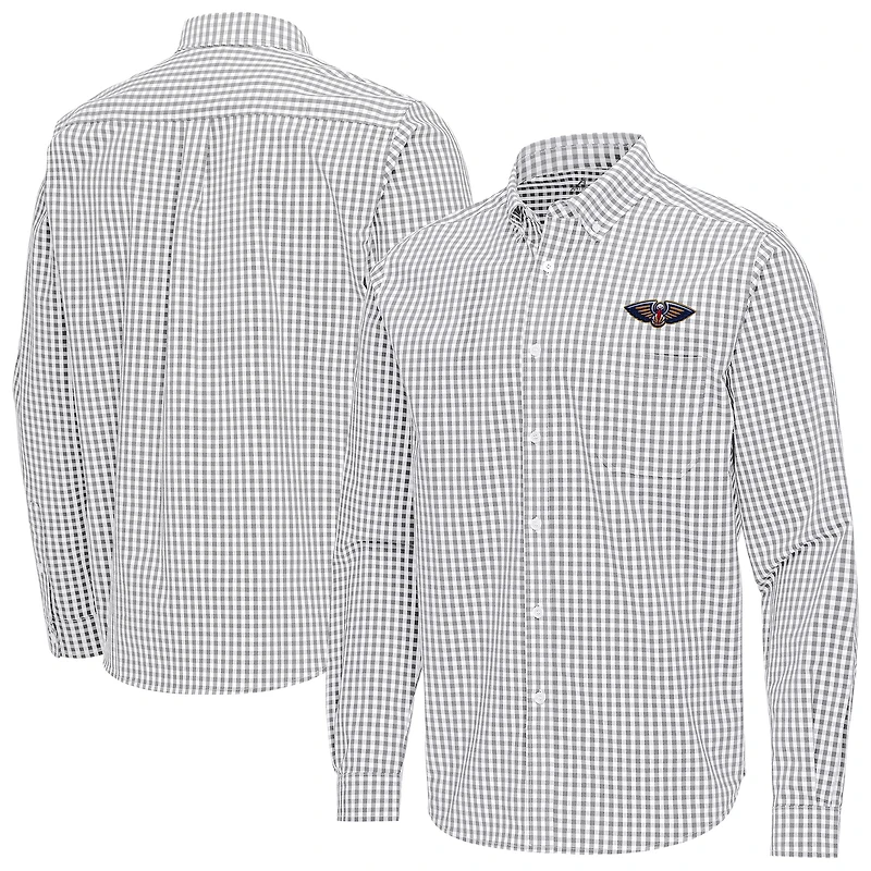 Men's Antigua Gray New Orleans Pelicans Ellis Woven Tri-Blend Button-Down Shirt