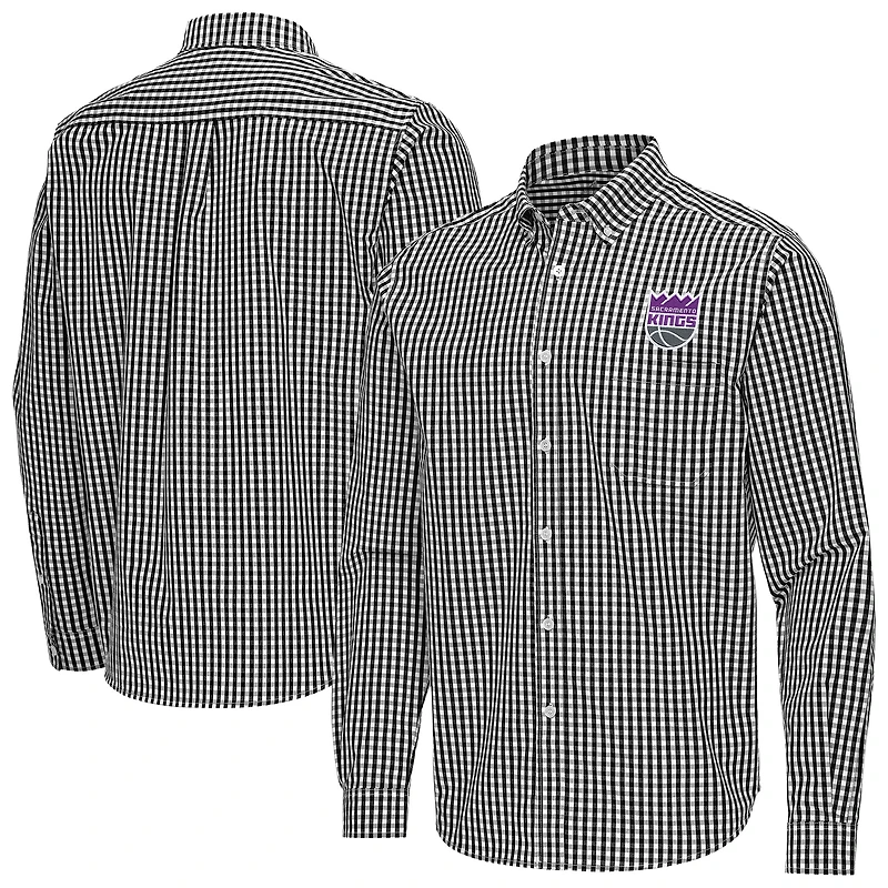 Men's Antigua Black Sacramento Kings Ellis Woven Tri-Blend Button-Down Shirt