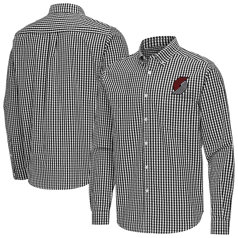 Men's Antigua Black Portland Trail Blazers Ellis Woven Tri-Blend Button-Down Shirt