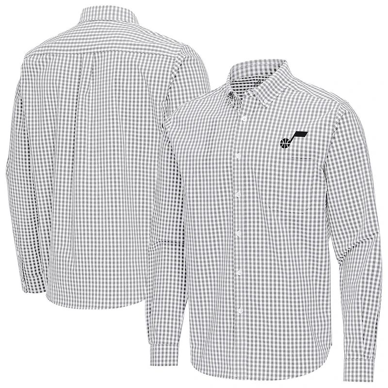 Men's Antigua Gray Utah Jazz Ellis Woven Tri-Blend Button-Down Shirt