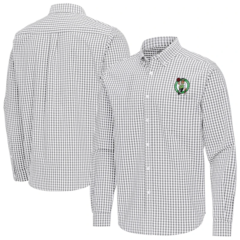 Men's Antigua Gray Boston Celtics Ellis Woven Tri-Blend Button-Down Shirt