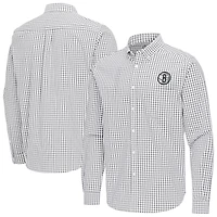 Men's Antigua Gray Brooklyn Nets Ellis Woven Tri-Blend Button-Down Shirt