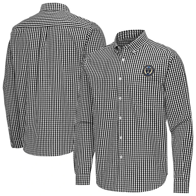 Men's Antigua Black Philadelphia Union Ellis Tri-Blend Long Sleeve Button-Down Shirt