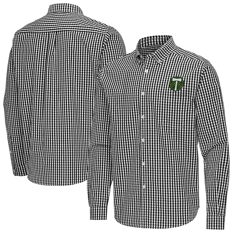 Men's Antigua Black Portland Timbers Ellis Tri-Blend Long Sleeve Button-Down Shirt