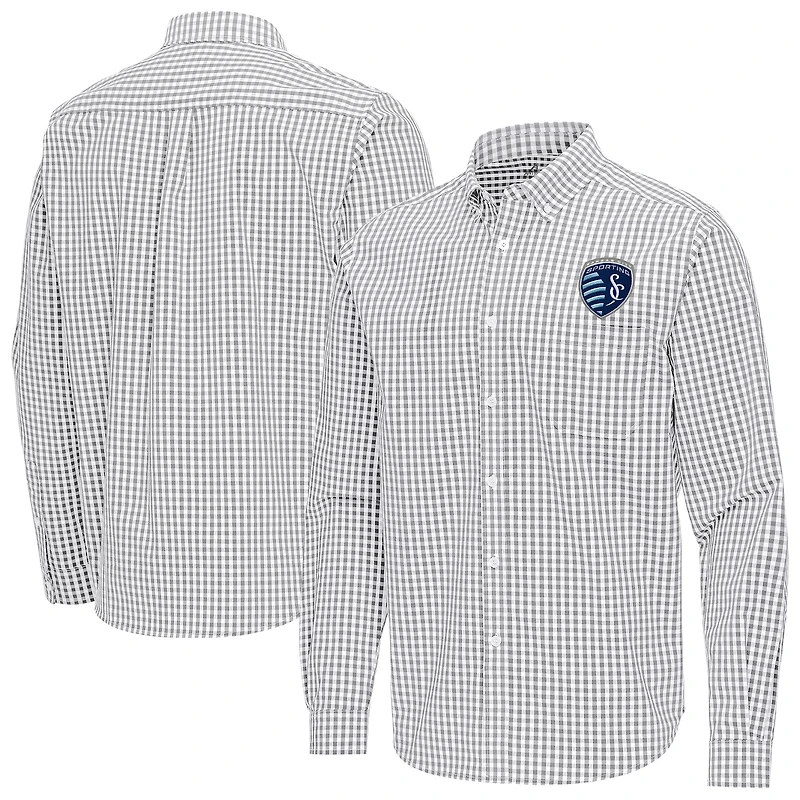 Men's Antigua Gray Sporting Kansas City Ellis Tri-Blend Long Sleeve Button-Down Shirt