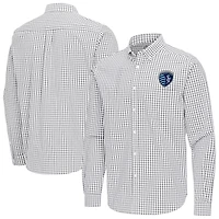 Men's Antigua Gray Sporting Kansas City Ellis Tri-Blend Long Sleeve Button-Down Shirt