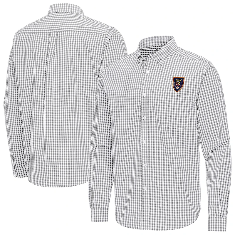 Men's Antigua Gray Real Salt Lake Ellis Tri-Blend Long Sleeve Button-Down Shirt