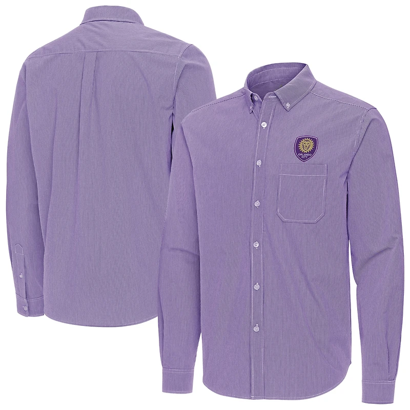 Men's Antigua Purple Orlando City SC Porter Woven Tri-Blend Long Sleeve Button-Down Shirt