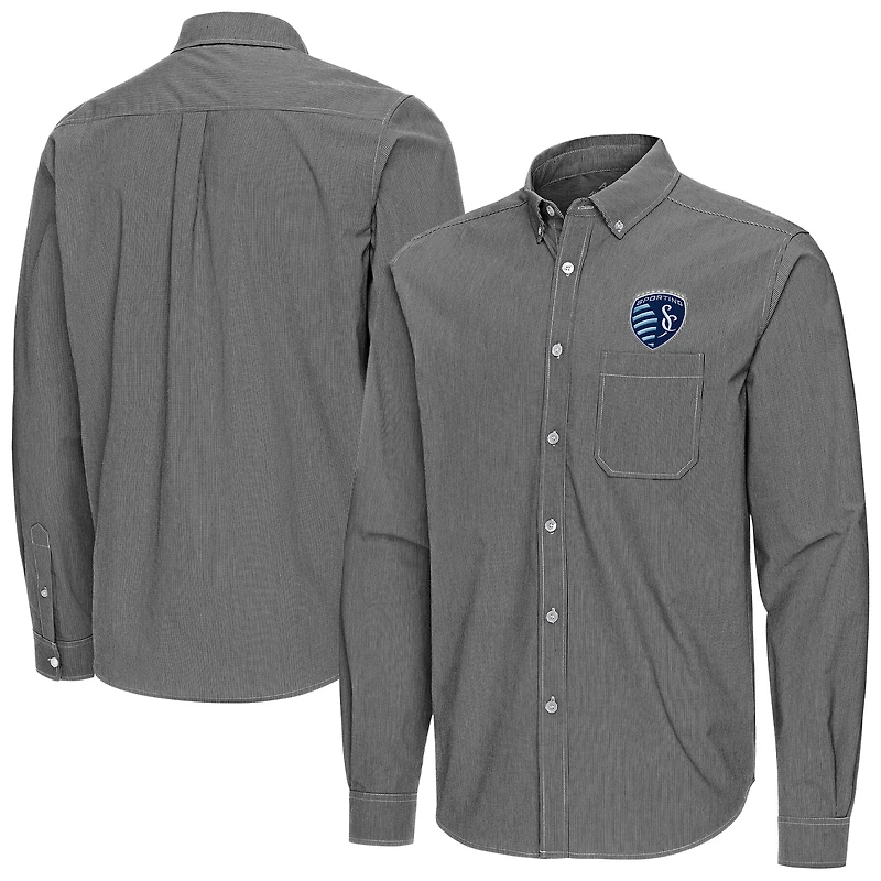 Men's Antigua Black Sporting Kansas City Porter Woven Tri-Blend Long Sleeve Button-Down Shirt