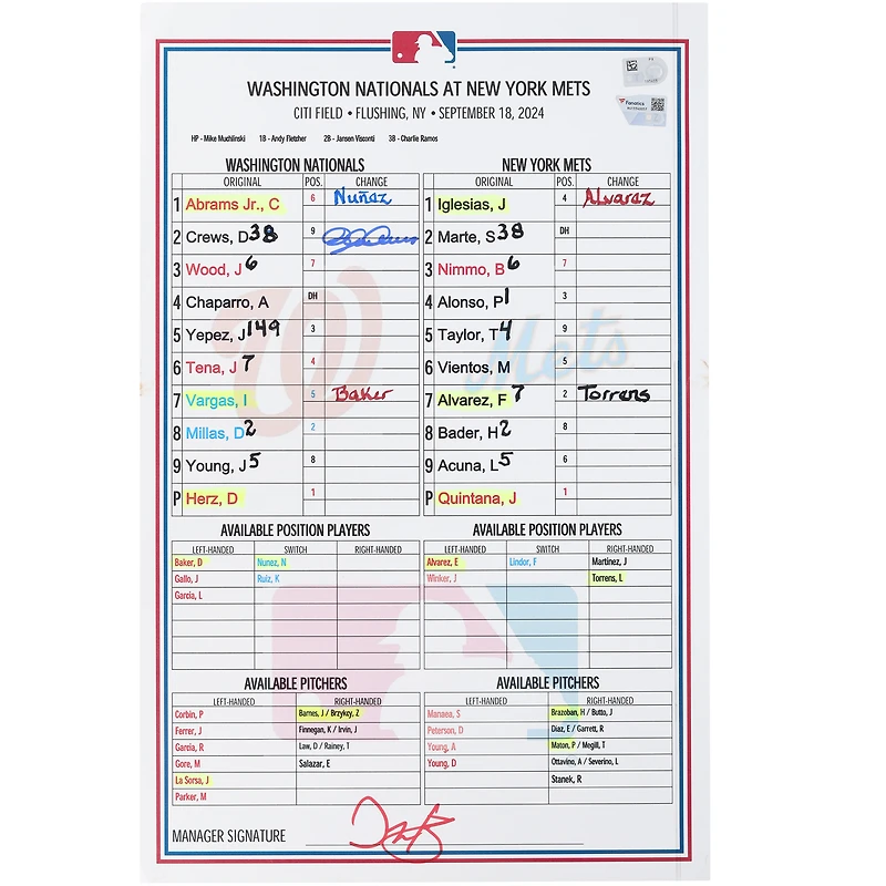 Dylan Crews Washington Nationals Autographed Game-Used Lineup Card vs. New York Mets on September 18, 2024