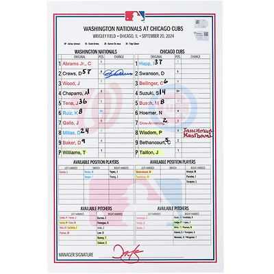 Dylan Crews Washington Nationals Autographed Game-Used Lineup Card vs. Chicago Cubs on September 20, 2024