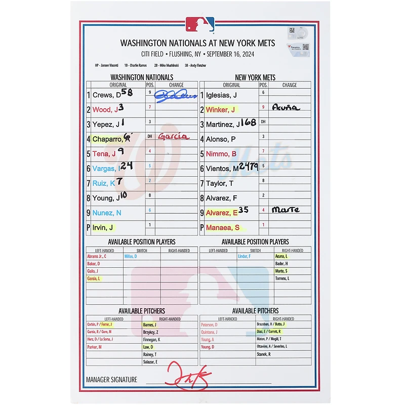 Dylan Crews Washington Nationals Autographed Game-Used Lineup Card vs. New York Mets on September 16, 2024