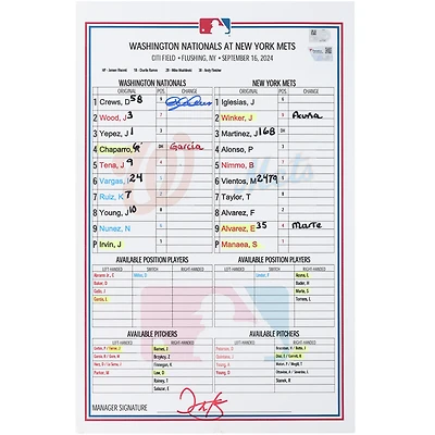 Dylan Crews Washington Nationals Autographed Game-Used Lineup Card vs. New York Mets on September 16, 2024