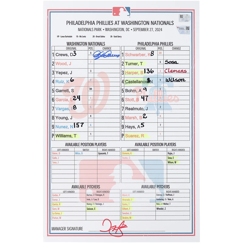 Dylan Crews Washington Nationals Autographed Game-Used Lineup Card vs. Philadelphia Phillies on September 27, 2024