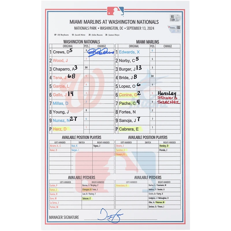 Dylan Crews Washington Nationals Autographed Game-Used Lineup Card vs. Miami Marlins on September 13, 2024