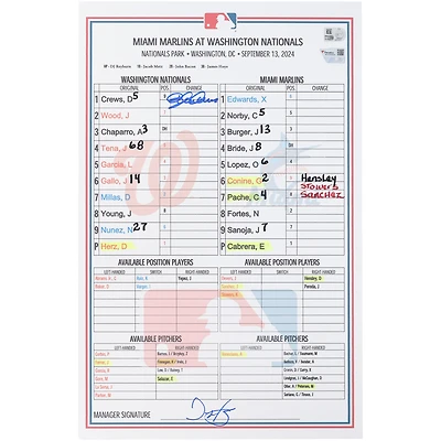 Dylan Crews Washington Nationals Autographed Game-Used Lineup Card vs. Miami Marlins on September 13, 2024