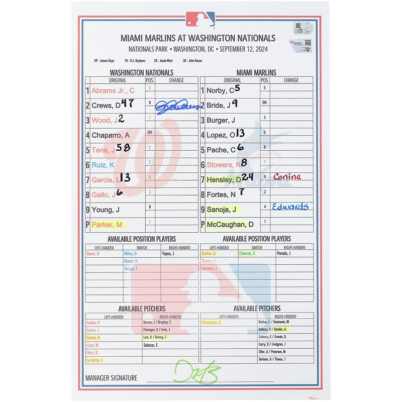 Dylan Crews Washington Nationals Autographed Game-Used Lineup Card vs. Miami Marlins on September 12, 2024