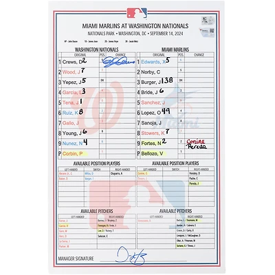 Dylan Crews Washington Nationals Autographed Game-Used Lineup Card vs. Miami Marlins on September 14, 2024