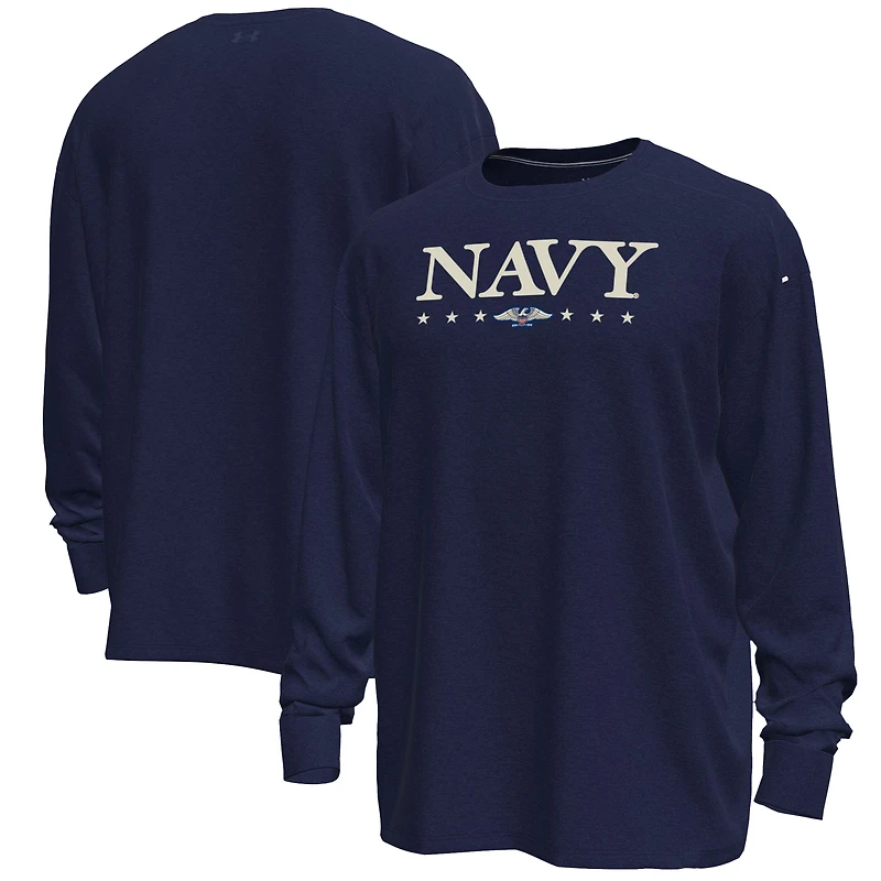 Men's Under Armour Navy Navy Midshipmen 250th Anniversary Uniform Sideline Collection Motion Heavyweight Long Sleeve T-Shirt
