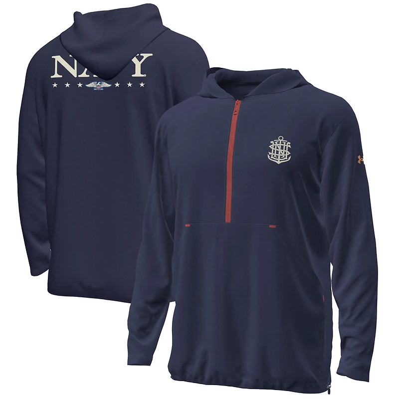 Men's Under Armour Navy Navy Midshipmen 250th Anniversary Uniform Sideline Collection Motion Quarter-Zip Hoodie