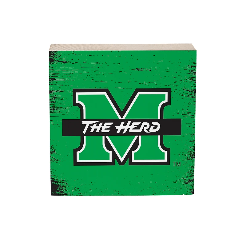 Marshall Thundering Herd 6" Square Fan Chant Wood Block Shelf Sign