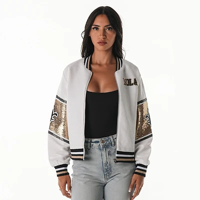 Women's The Wild Collective White New Orleans Saints Sequin Bomber Jacket