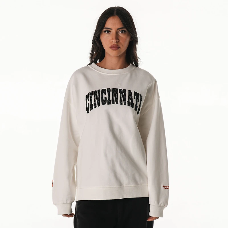 Women's The Wild Collective  White Cincinnati Bengals Rock Crystal Oversized Crewneck Sweatshirt