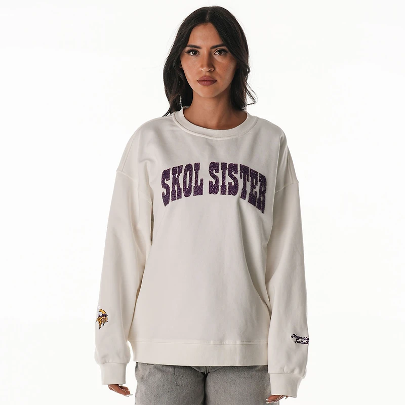Women's The Wild Collective White Minnesota Vikings Rock Crystal Oversized Crewneck Sweatshirt