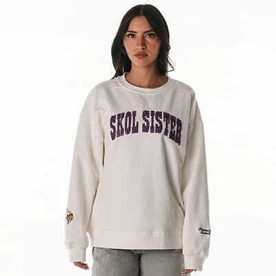 Women's The Wild Collective  White Minnesota Vikings Rock Crystal Oversized Crewneck Sweatshirt