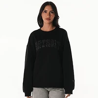 Women's The Wild Collective  Black Detroit Lions Rock Crystal Oversized Crewneck Sweatshirt